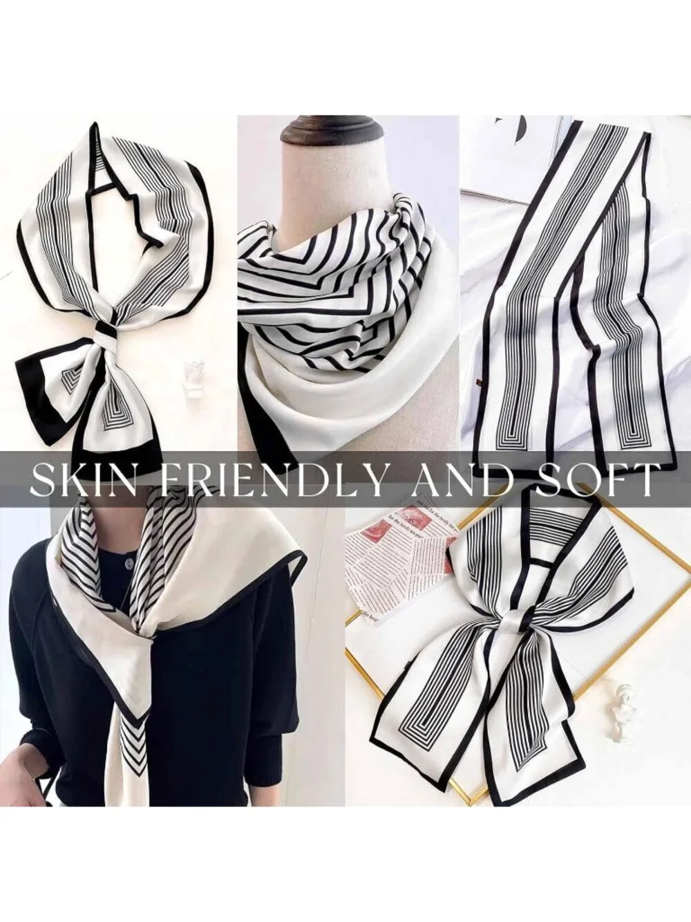 Women's Black Molding Silky Satin Headscarf Wrap Lightweight Scarves Scarf